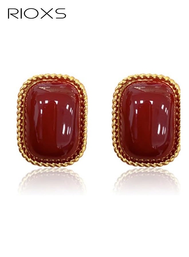 RIOXS Women's Vintage Rectangular Earrings, Hypoallergenic 925 Sterling Silver Studs Gold-rimmed Eye-Catching Jewelry Elegant, Perfect for Fall Fashion Accessories, Gifts, Parties, Anniversaries, Dating, Red - Image 3